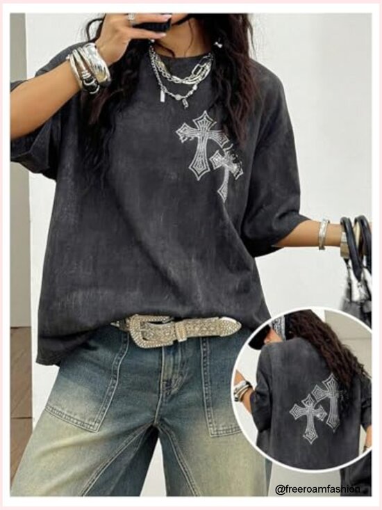 Oversized Y2K Gothic Rhinestone Graphic Tee Half Sleeve Vintage Streetwear - Picture 4 of 4